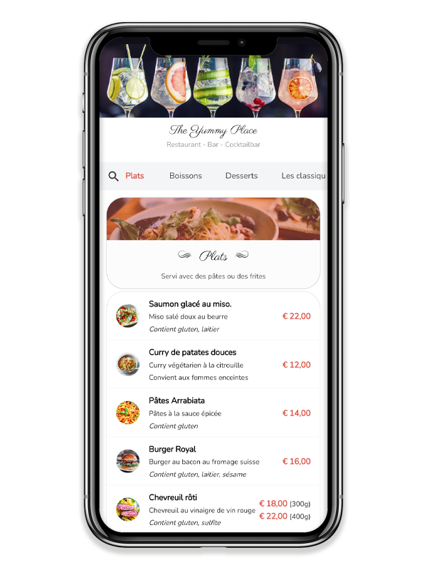 Gérez votre menu de manière simple et peu coûteuse, laissez vos clients afficher le menu sur leur smartphone, sans aucune installation d'application